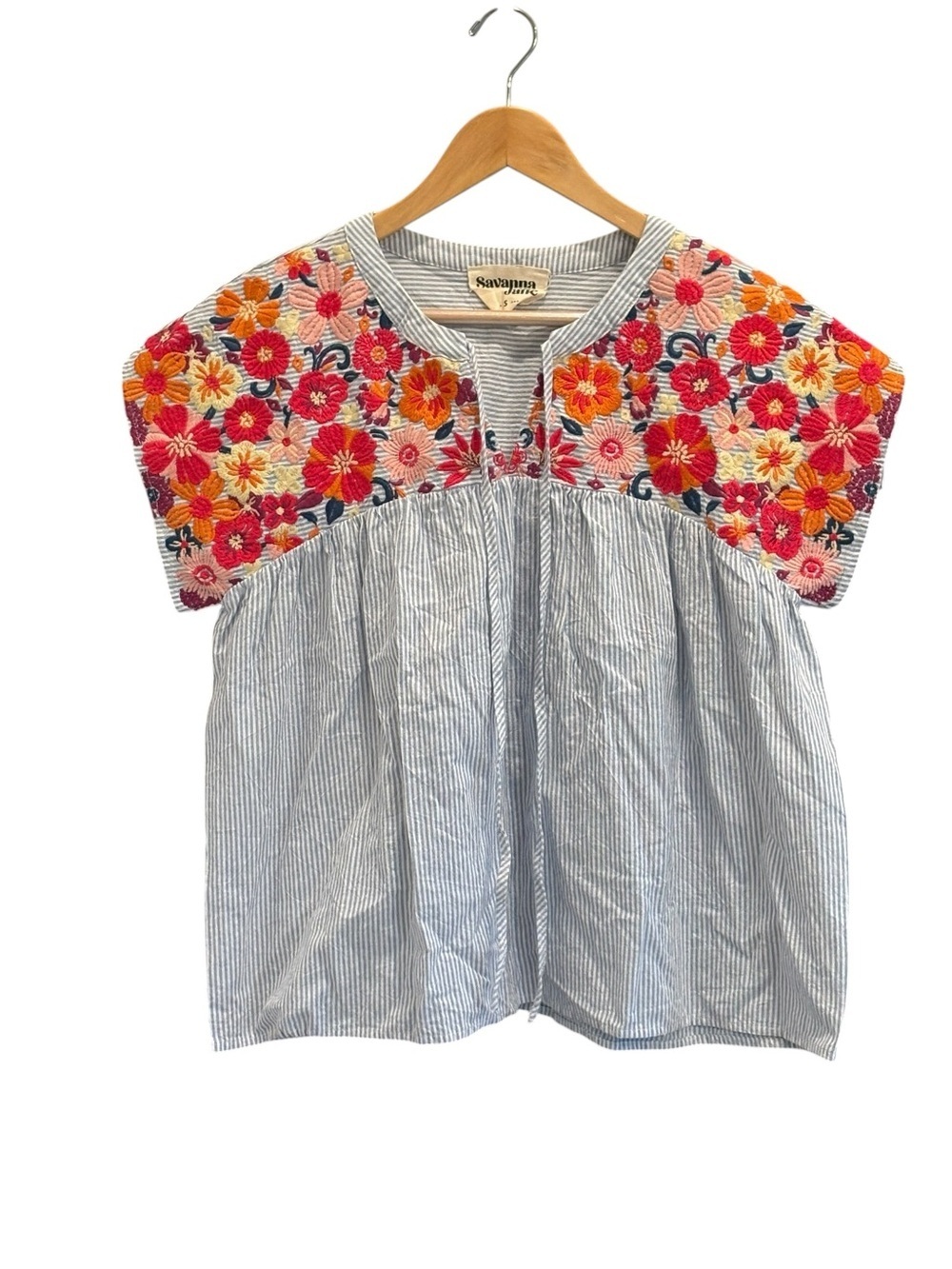 Savanna Jane Striped Babydoll Embroidered Floral Womens Top Size Small Oversized - Picture 3 of 8